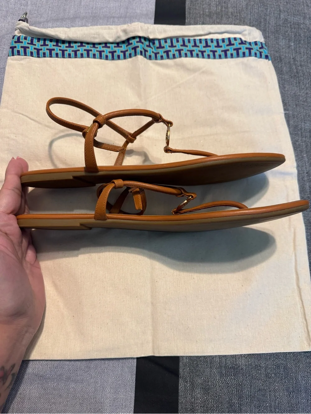 Tory Burch Tan Leather T-Strap Sandals with Gold Trim